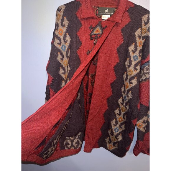 The Peruvian Collection Burgundy Open Front Sweater SZ L Aztec Pattern W Pockets - Picture 7 of 8